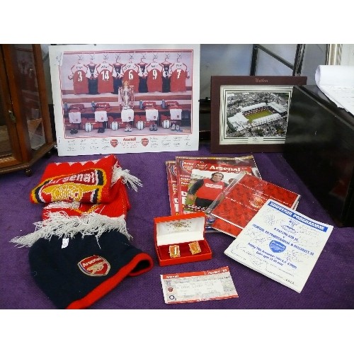 87 - ARSENAL COLLECTION - CUFFLINKS, ARSENAL-NEWCASTLE TICKET, HAT SCARF, 2 PRINTS, MAGAZINES AND PROGRAM... 