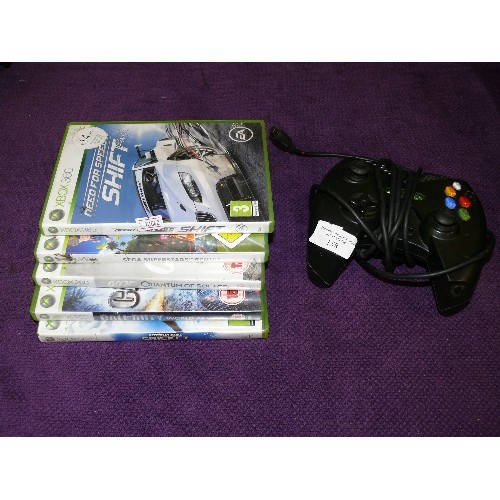 93 - JOYTECH XBOX360 CONTROLLER, 4  XBOX 360 GAMES - NEED FOR SPEED, TENNiS, 007 QUANTUM OF SOLACE AND IN... 