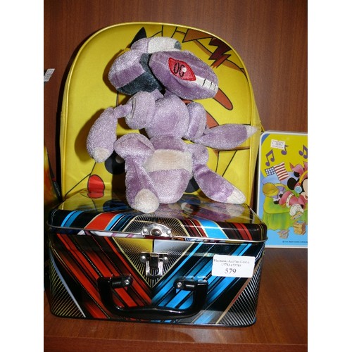 130 - POKEMON NEOPRENE BACKPACK, GENESECT PLUSH TOY, CARD GAME TIN CONTAINING FIGURES AND SOME CARD GAMES.