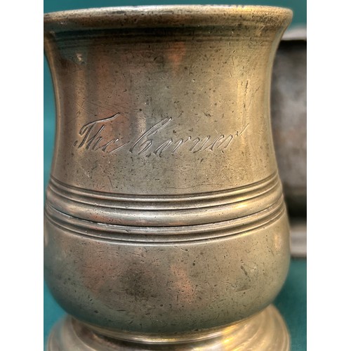 140 - Various items of pewter to include - 6 antique pewter half pint tankards, one engraved 