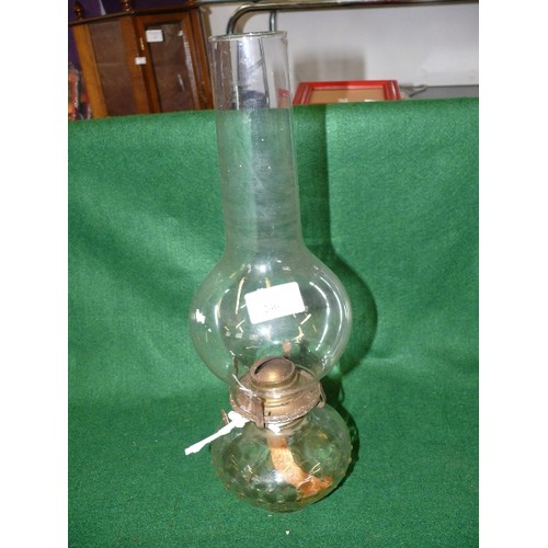 246 - GLASS BASE PARAFFIN LAMP WITH FUNNEL.