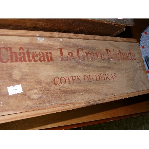 170 - 2 VINTAGE LONG BOXES WITH SLIDE-LIDS. ONE IS A BOTTLE BOX 'CHATEAU LA GRAVE BOCHADE-COTES DE DURAS'