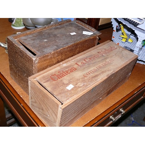 170 - 2 VINTAGE LONG BOXES WITH SLIDE-LIDS. ONE IS A BOTTLE BOX 'CHATEAU LA GRAVE BOCHADE-COTES DE DURAS'