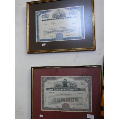 139 - A PAIR OF FRAMED AND GLAZED SHARE CERTIFICATES FROM THE GRAND UNION COMPANY AND THE SPERRY CORPORATI... 