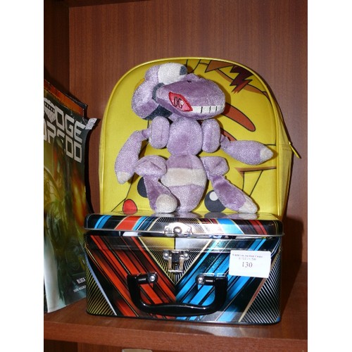 130 - POKEMON NEOPRENE BACKPACK, GENESECT PLUSH TOY, CARD GAME TIN CONTAINING FIGURES AND SOME CARD GAMES.