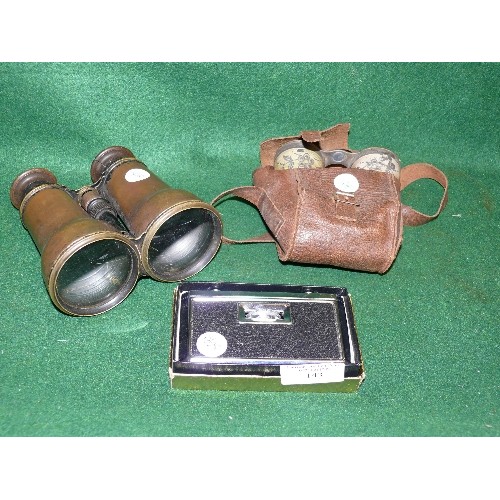 143 - A PAIR OF VINTAGE OPERA GLASSES IN LEATHER CASE PLUS A FUTHER PAIR OF VINTAGE BINOCULARS AND A BOXED... 