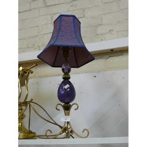 150 - A LOVELY PURPLE GLASS LAMP WITH METAL LEGS