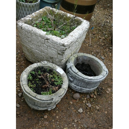 347 - 3 CONCRETE PLANTERS 2 ROUND AND 1 SQUARE