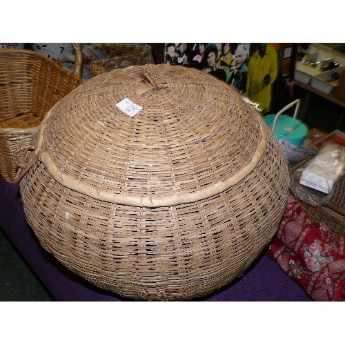 199 - LARGE CYLINDRICAL WOVEN STORAGE BASKET WITH LID