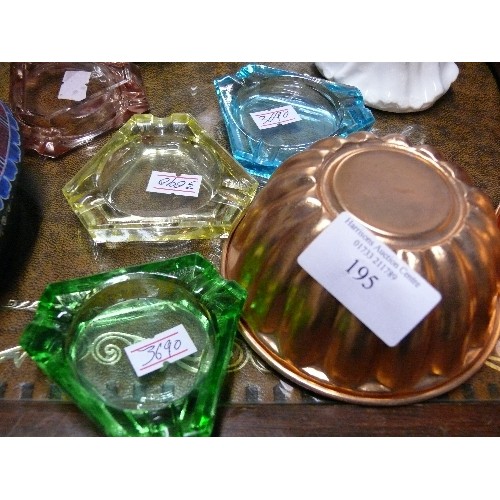 195 - A PAIR OF COPPER JELLY MOULDS, WOODEN TORTOISE TRINKET POT AND FOUR COLOURFUL GLASS ASHTRAYS.