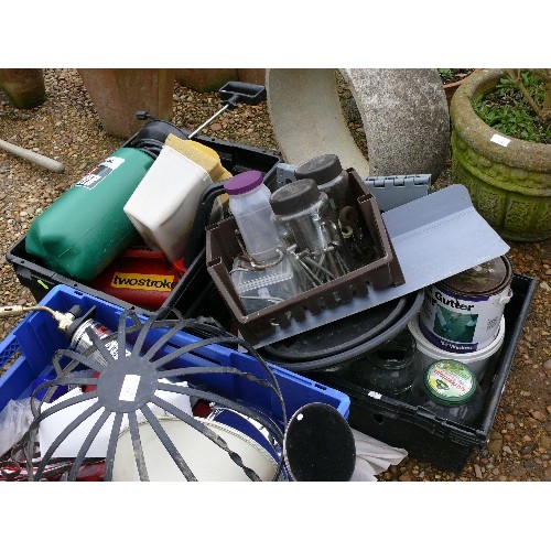 375 - THREE TRAYS OF MIXED ITEMS INCLUDING FENCE SPRAYER, METAL PETROL CAN, HANGING BASKET, HARDWARE ITEMS... 