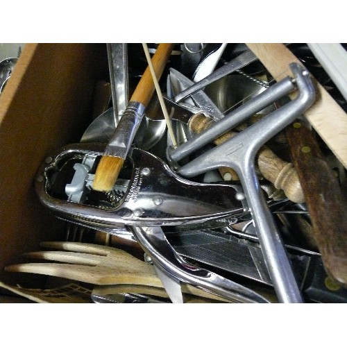 268 - A LARGE BOX OF KITCHEN UTENSILS