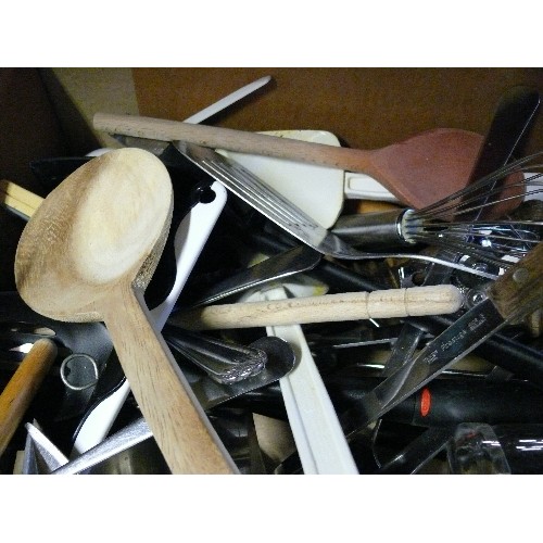 268 - A LARGE BOX OF KITCHEN UTENSILS