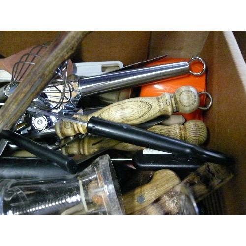 268 - A LARGE BOX OF KITCHEN UTENSILS