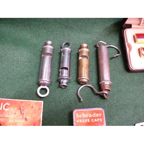 61A - A CALIBRI LIGHTER, THREE VINTAGE WHISTLES, BRITISH RAILWAY BADGE, FERRARI KEYRING ETC.