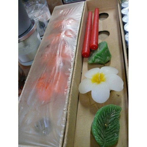 286 - CANDLES -  2 X BOXED LEAF AND FLOWER, ONE BOXED 5 RED FLOWER CANDLES AND ONE OPENED BOXED 2 RED CAND... 