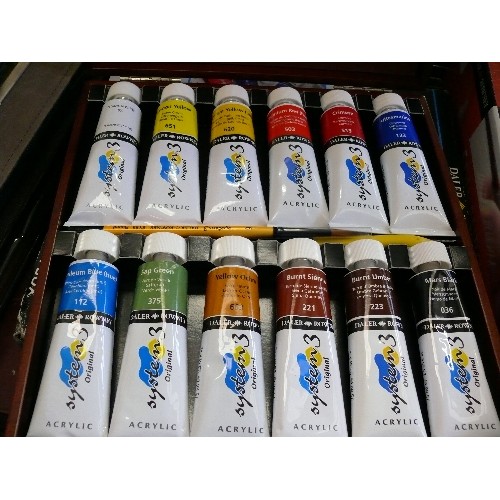 298 - DALER ROWNEY DELUXE WOODEN BOX AND PAINTS, NEW AND UNUSED.  36 WATERCOLOURS, BOXED AND NEW, ACRYLIC ... 