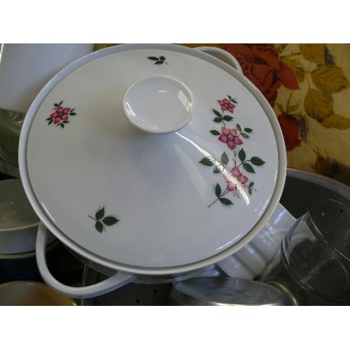 299 - BOX OF MIXED CHINA TO INCLUDE,  TUREEN, SERVING DISHES, LE CREUSET RAMEKIN X 2 ETC.