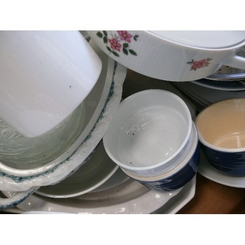 299 - BOX OF MIXED CHINA TO INCLUDE,  TUREEN, SERVING DISHES, LE CREUSET RAMEKIN X 2 ETC.