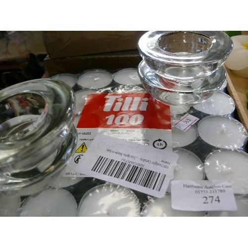 274 - 100 TEALIGHT CANDLES, MADE IN ITALY, SEALED PLUS A QUANTITY OF GLASS TEALIGHT HOLDERS.