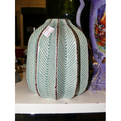 432 - INTERESTING CACTUS POT, AND A VINTAGE 2 HANDLED VASE DEPICTING A FISHING SCENE.