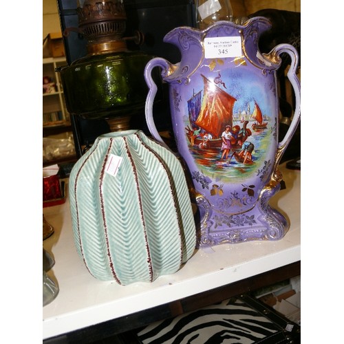 432 - INTERESTING CACTUS POT, AND A VINTAGE 2 HANDLED VASE DEPICTING A FISHING SCENE.