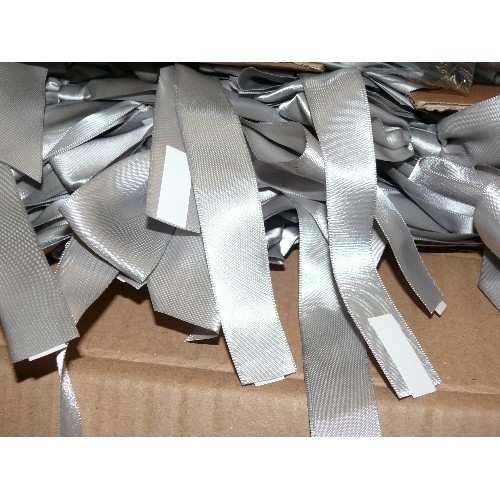 445 - DOVE GREY RIBBON BOWS. VERY LARGE QUANTITY. SOME WITH STICKY FIXERS, SOME WITH ELASTIC. BRAND NEW.