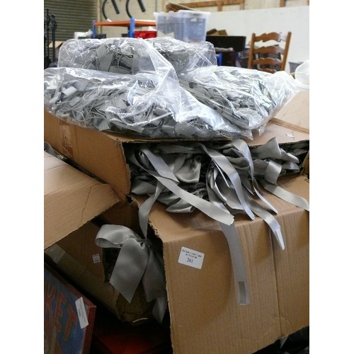 445 - DOVE GREY RIBBON BOWS. VERY LARGE QUANTITY. SOME WITH STICKY FIXERS, SOME WITH ELASTIC. BRAND NEW.