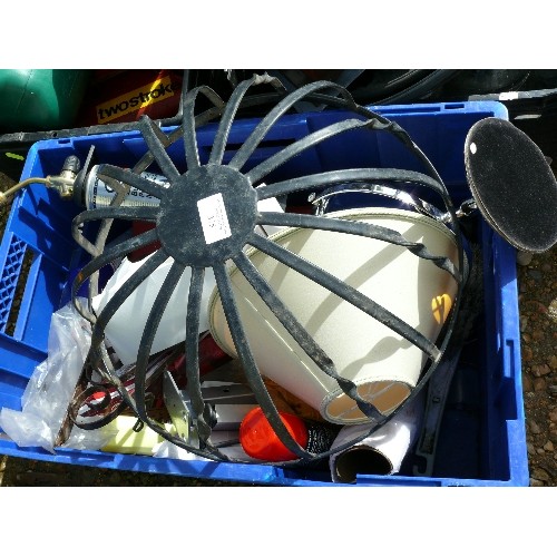 375 - THREE TRAYS OF MIXED ITEMS INCLUDING FENCE SPRAYER, METAL PETROL CAN, HANGING BASKET, HARDWARE ITEMS... 