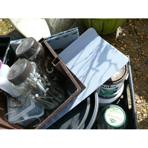 375 - THREE TRAYS OF MIXED ITEMS INCLUDING FENCE SPRAYER, METAL PETROL CAN, HANGING BASKET, HARDWARE ITEMS... 