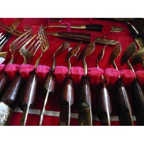 411 - FRANK JEWELLERS No1 CUTLERY SET, GOLD METAL WITH WOODEN HANDLES, IN WOODEN BOX.