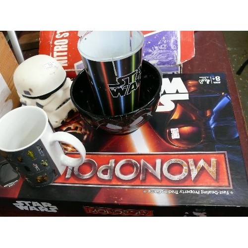 420 - STAR WARS MONOPOLY,  STAR WARS MUG, BEAKER AND BOWL PLUS STORM TROOPER HEAD.