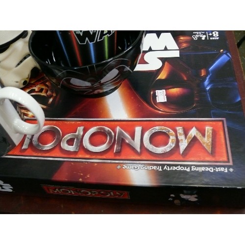 420 - STAR WARS MONOPOLY,  STAR WARS MUG, BEAKER AND BOWL PLUS STORM TROOPER HEAD.