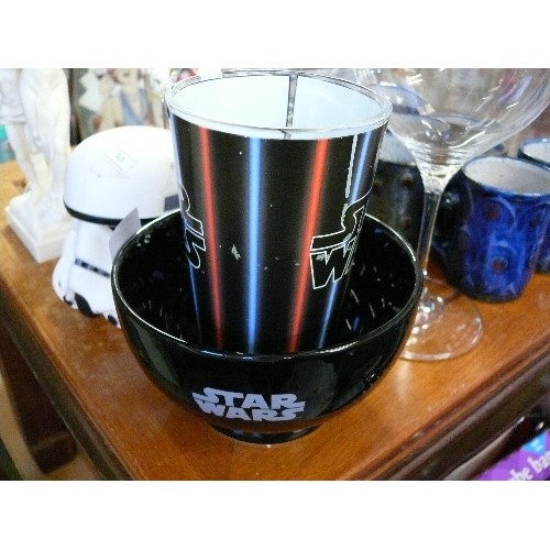 420 - STAR WARS MONOPOLY,  STAR WARS MUG, BEAKER AND BOWL PLUS STORM TROOPER HEAD.