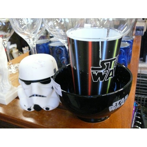 420 - STAR WARS MONOPOLY,  STAR WARS MUG, BEAKER AND BOWL PLUS STORM TROOPER HEAD.