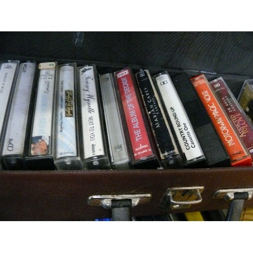 428 - CRATE OF CASSETTE MUSIC IN YELLOW CASE,  CASSETTE MUSIC IN BROWN CASE, CD'S, VHS,  MAGNETIC POCKET M... 