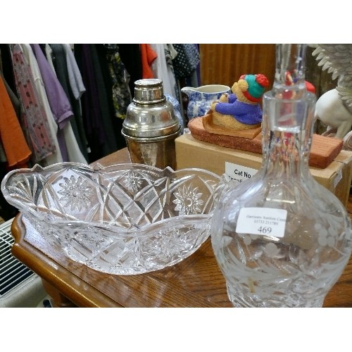 469 - ETCHED DECANTER PLUS A CUT GLASS OVAL BOWL