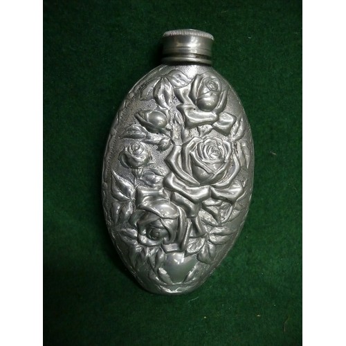 3 - CORNISH PEWTER OVAL HIP FLASK WITH  REPOUSSE FOLIATE DETAIL 6OZ