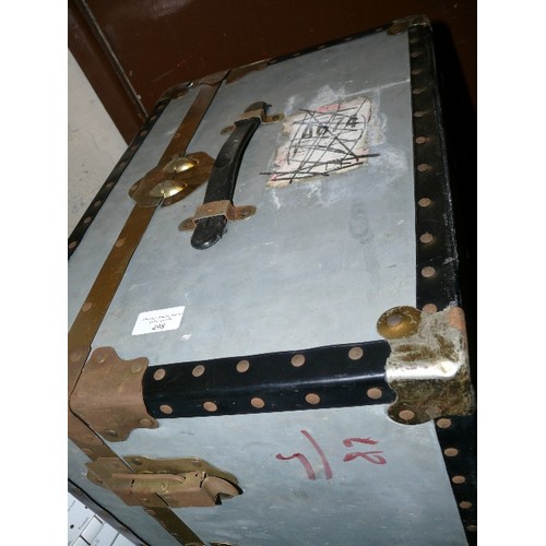 498 - TRAVEL TRUNK, GREY METAL WITH RIVETTED EDGING