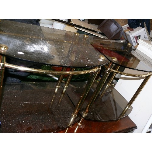 514 - 2 OCCASIONAL TABLES WITH SMOKED GLASS SHELVES AND BRASS FRAMES