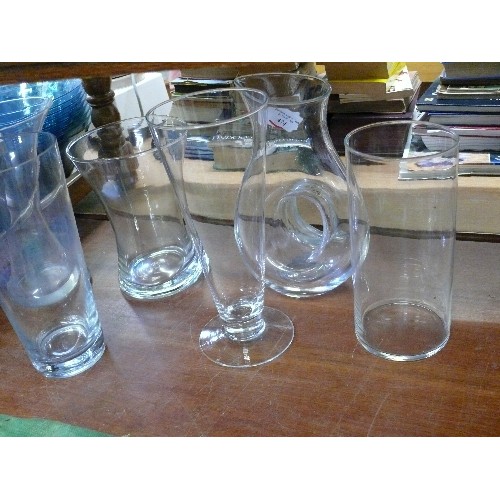 474 - 5 LARGE PLAIN GLASS VASES AND A 'HOLE IN THE MIDDLE' WATER JUG