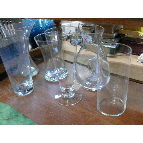 474 - 5 LARGE PLAIN GLASS VASES AND A 'HOLE IN THE MIDDLE' WATER JUG