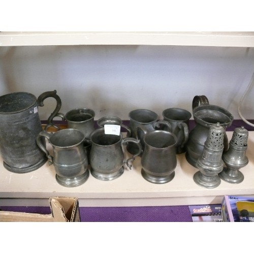 140 - Various items of pewter to include - 6 antique pewter half pint tankards, one engraved 