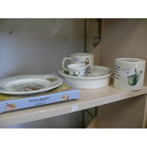 76 - A SELECTION OF WEDGWOOD PETER RABBIT THEMED CHINA TO INCLUDE TWO PLATES, A BOWL, A CUP, AN EGGCUP AN... 