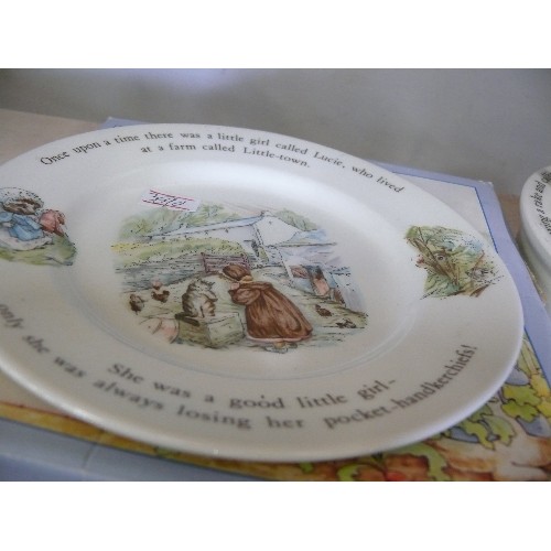 76 - A SELECTION OF WEDGWOOD PETER RABBIT THEMED CHINA TO INCLUDE TWO PLATES, A BOWL, A CUP, AN EGGCUP AN... 