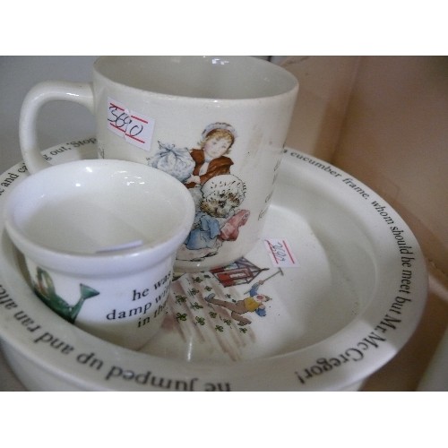 76 - A SELECTION OF WEDGWOOD PETER RABBIT THEMED CHINA TO INCLUDE TWO PLATES, A BOWL, A CUP, AN EGGCUP AN... 