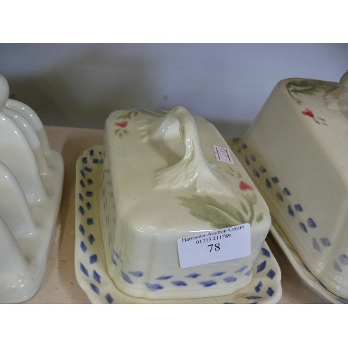 78 - A LOVELY FLORAL CHEESE DISH BY ROYAL WINTON PLUS A MATCHING BUTTER DISH AND TWO TOAST RACKS