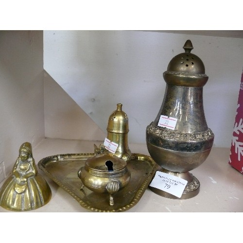 79 - A LARGE SILVER PLATE SUGARSHAKER PLUS  A SILVERPLATE TRAY WITH MUSTARD POT AND SALT SHAKER AND A BRA... 