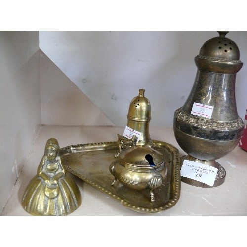 79 - A LARGE SILVER PLATE SUGARSHAKER PLUS  A SILVERPLATE TRAY WITH MUSTARD POT AND SALT SHAKER AND A BRA... 