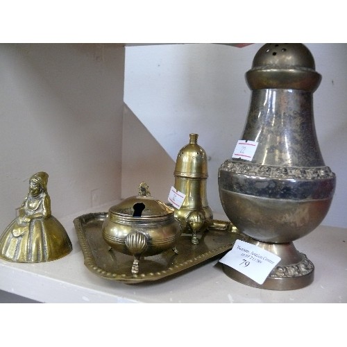 79 - A LARGE SILVER PLATE SUGARSHAKER PLUS  A SILVERPLATE TRAY WITH MUSTARD POT AND SALT SHAKER AND A BRA... 